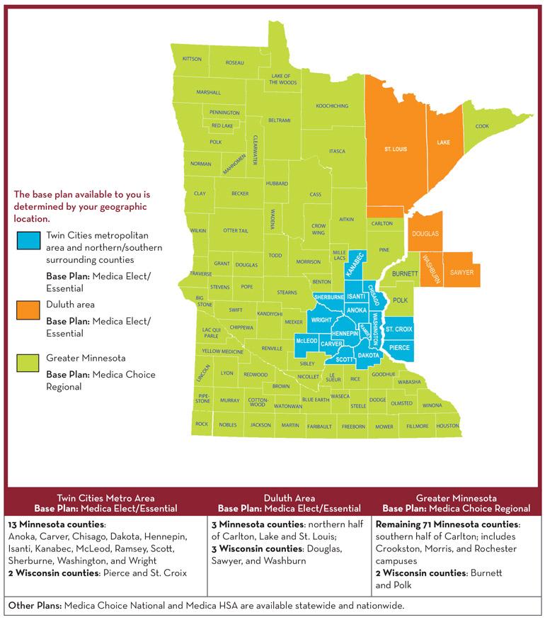 Map of MN base plans by county. Elect Essential for Twin Cities and Duluth areas, counties: Anoka, Carver, Chisago, Dakota, Hennepin, Isanti, Kanabec, McLeod, Ramsey, Scott, Sherberne, Washington, Wright, Lake, St Louis, and WI counties Pierce, St Croix, Douglas, Sawyer, Washburn. Greater MN base plan Medica Choice Regional, covering remaining 71 MN counties and southern half of Carlton county, plus WI Burnett and Polk.