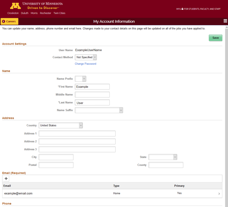 my account information fields