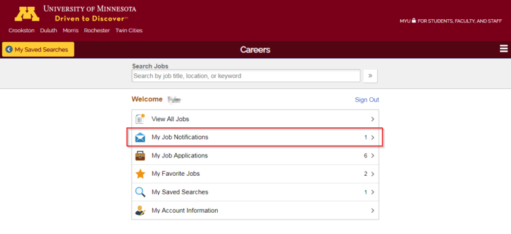 my job notifications on homepage