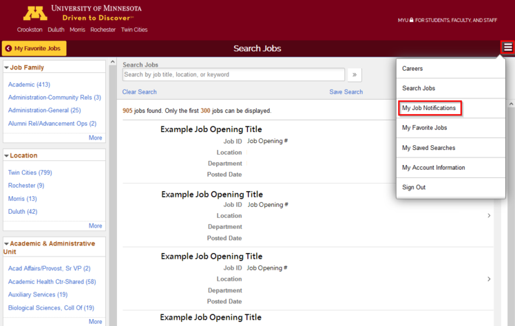 my job notifications in dropdown menu