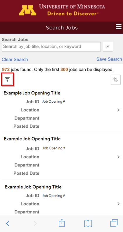 search for a job opening - red box around filter symbol