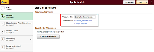 resume attached on step two: resume page