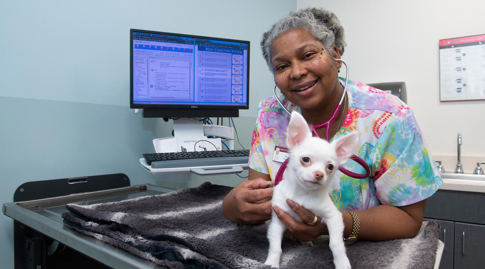 Rosemary Klass with Calloway (a white chihuahua puppy)