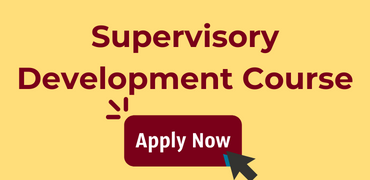 Text reads " Supervisory Development Course" with a maroon button that reads "apply now" with a computer mouse arrow hovering over it.