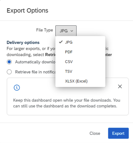 image of the pop up  showing export options of jpg, pdf, csv, tsv, excel