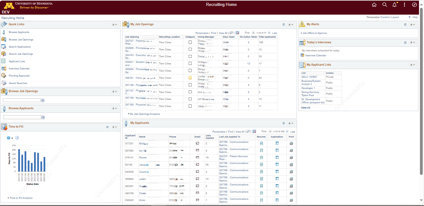  Screenshot of the recruitment software interface displaying a tabular list of job applicants along with relevant details, and a navigation menu for recruitment-related tasks, with the University of Minnesota's branding. 