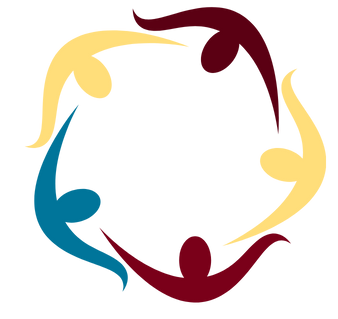 A circular logo of five abstract human figures in blue, gold, and maroon.