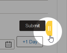 A screenshot of the Request Time Off page showing two buttons: ‘Submit’ and ‘+1 Day’. A mouse icon hovers over a yellow button with rounded corners to the right of ‘Submit’, indicating a click action.