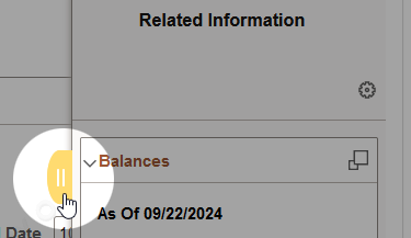 A screenshot of the Related Information page showing partial information in a box, including the header ‘Balances’ and the text ‘As of 09/22/2024.’ A mouse icon hovers over a yellow button with rounded corners to the left of the expanded Related Information page, indicating a click action.