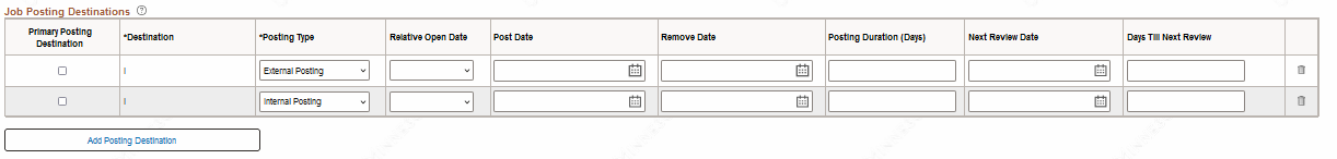 A form for configuring job posting destinations with fields for posting type, dates, duration, and review.