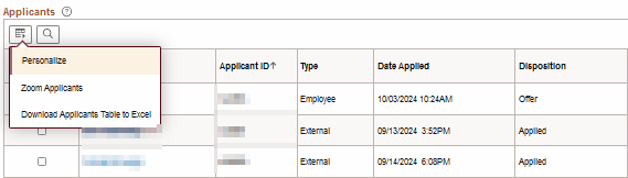 A data table showing applicant information with options to personalize, zoom, and download to Excel.