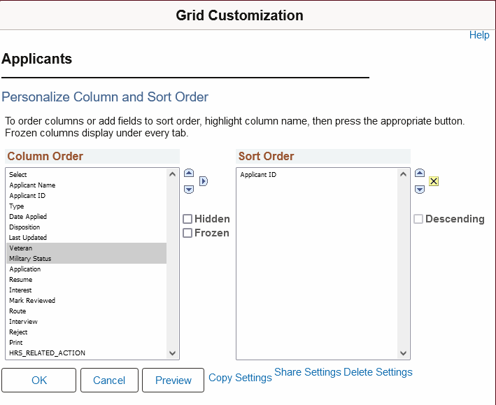 A user interface for customizing grid columns and sort order for applicant information.