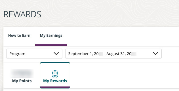 Rewards page screenshot with My Earnings, My Rewards, and Program reward interval