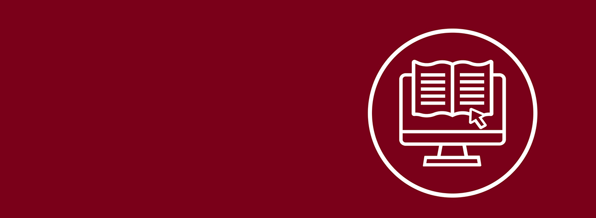 Icon showing a book on a podium over a maroon background.