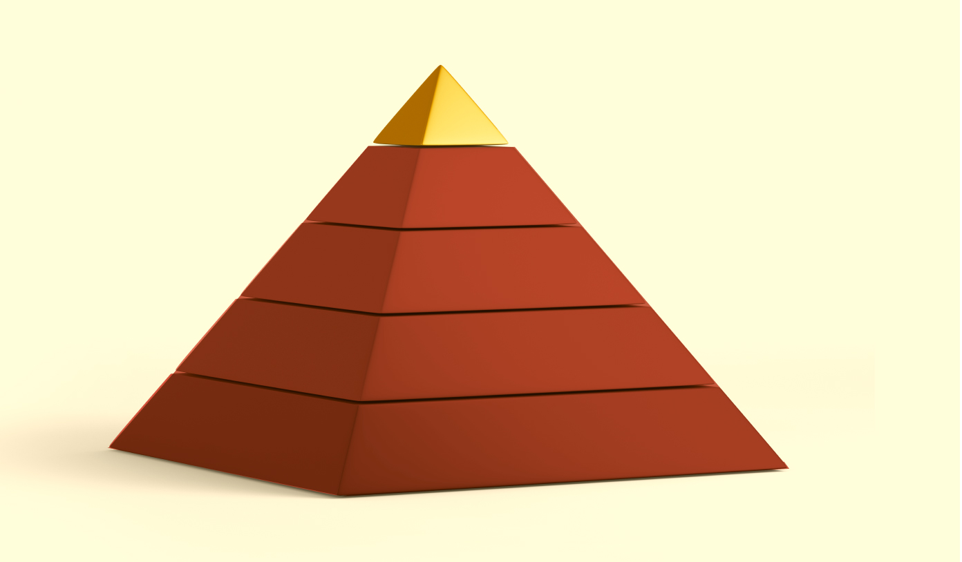 A 3d maroon pyramid with a gold peak on a light yellow background.