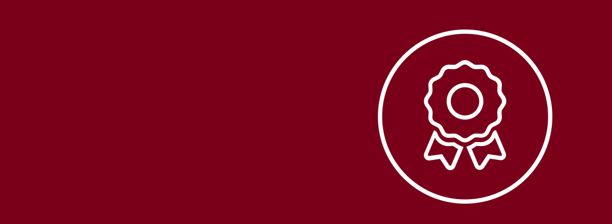 Maroon hero banner with white icon outline of a ribbon in a white circle