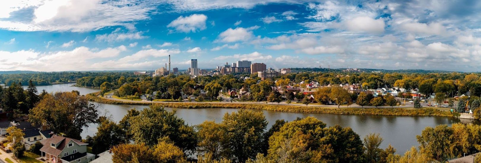 View of downtown Rochester from across a nearby river