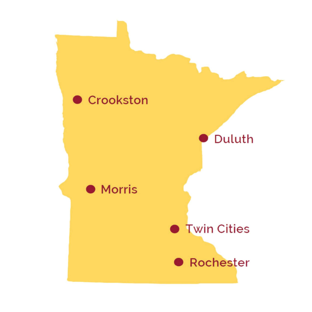 Map of Minnesota with five dots where U of M's five campuses are (Crookston, Duluth, Morris, Rochester, Twin Cities)