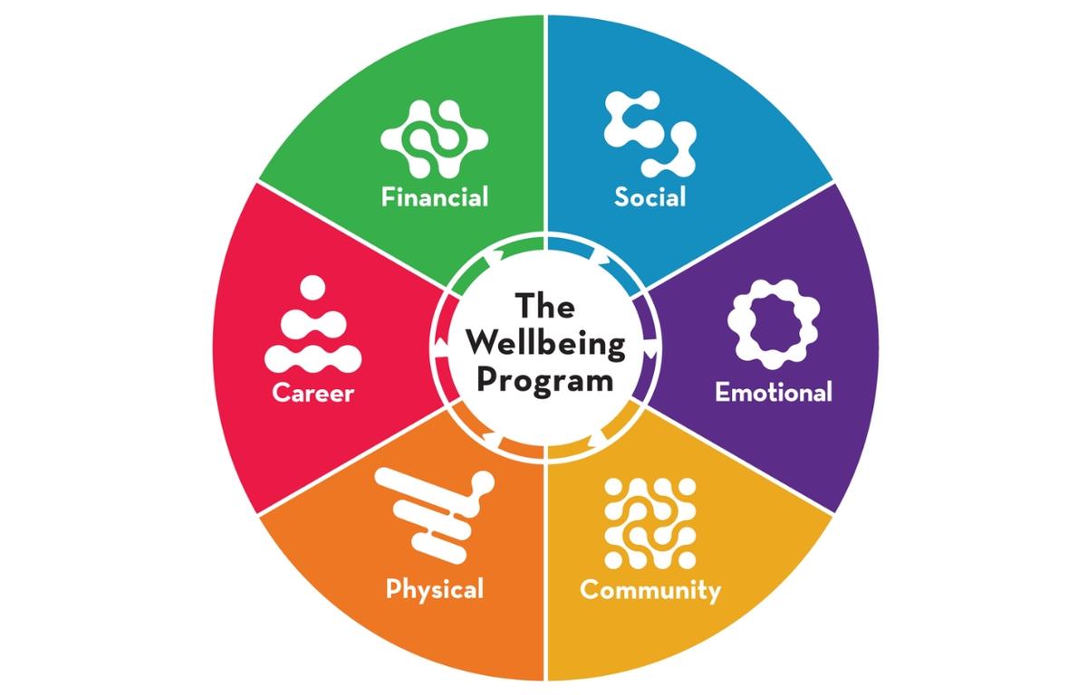Wellbeing Program wheel with six dimensions: Financial, Social, Emotional, Community, Physical, Career