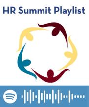 Graphic of people holding hands in a circle with a bar code to scan for music at the bottom of the image. Text reads: HR Summit Playlist.